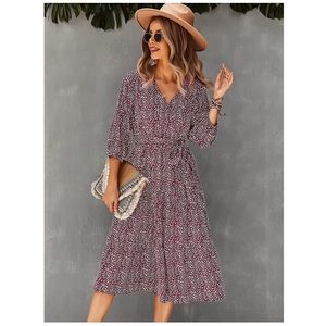 BROVAVE Women’s Casual 3/4 sleeve Tie Flowy Midi Dress- Wine Size-XL